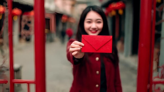 Chinese lunar new year holiday celebration. Spring festival tradition. Chunjie. Asia. A woman in a red coat holds a red envelope against a backdrop of traditional Chinese architecture.