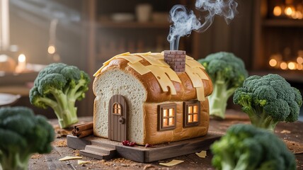 Whimsical bread house surrounded by broccoli florets, creating a charming, edible scene.