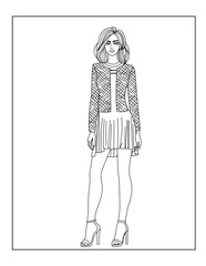 Black and white line art coloring page of a stylish woman in a fashionable outfit. Perfect for fashion-themed coloring, creative activities, and artistic relaxation.
