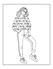 Black and white line art coloring page of a girl wearing a cozy sweater with a Christmas bird pattern. Perfect for holiday coloring books, creative activities, and winter relaxation.