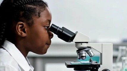 African American schoolgirl using microscope, science STEM education - Powered by Adobe