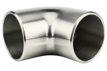 Curved stainless steel metal pipe fitting for industrial use on a transparent background