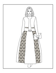 Black and white line art coloring page of a stylish woman wearing a long patterned skirt and a chic top. Perfect for fashion coloring books, creative activities, and artistic relaxation.