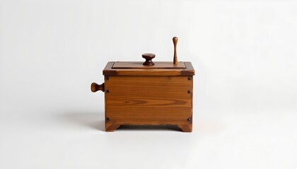 An antique wooden typewriter standing alone against a stark white background.