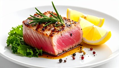 Grilled tuna steak with rosemary and lemon on dark plate, ocean sunset in background, vibrant and serene.