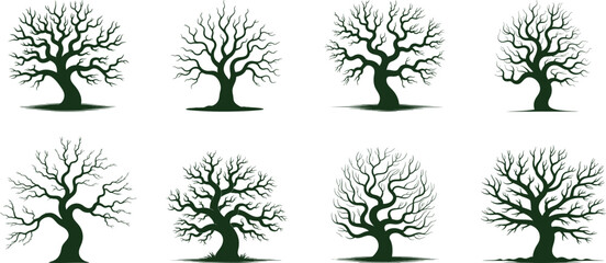 Collection of various dead tree silhouette, Tree without leaves, different shapes of Spooky trees  vector illustration.