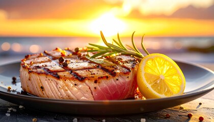 Grilled tuna steak with rosemary and lemon on dark plate, ocean sunset in background, vibrant and serene.