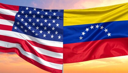 Side-by-side flags of USA and Venezuela against sunset sky, symbolizing diplomacy, contrast, or cultural ties.