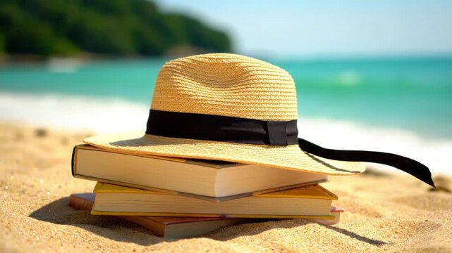 A serene beach scene with a straw hat resting on a stack of books in the sand near the ocean in a video.