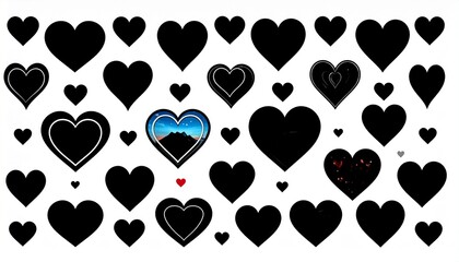 Collection of 45 heart icons in black, red, and gray, varied designs including broken, sparkled, and patterned hearts, arranged in rows.