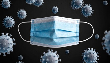 Blue surgical mask on dark surface surrounded by red spiky virus models, symbolizing COVID-19 protection.