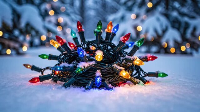 A tangled bunch of colorful Christmas lights lying in the snow with trees in the background, captured in a serene winter video scene.