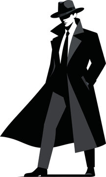 Silhouette Noir Detective Spy in Fedora Hat Trench Coat Tie Mysterious Standing Pose with Flowing Coat Tails, Monochrome Investigator Emblem Vector