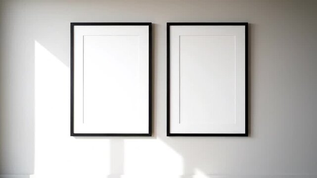 two blank picture frames on a wall in a modern living room . use as multipurpose tittle intro, background. product mockup. motion graphics background