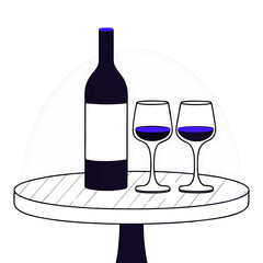 Modern wine still life  icon of vector illustration and red wine bottle and two glasses on white round table on white background.