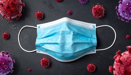 Blue surgical mask on dark surface surrounded by red spiky virus models, symbolizing COVID-19 protection.