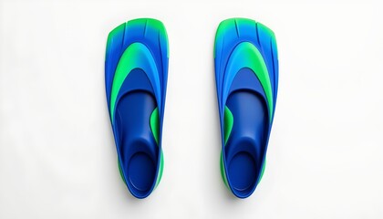 Fototapeta premium Two pairs of blue water shoes placed side by side against a plain background. The shoes have a vibrant design with what appears to be aquatic life patterns in green and yellow colors.