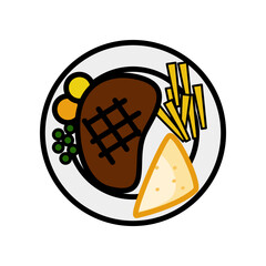 Grilled meat steak with french fries and bread.