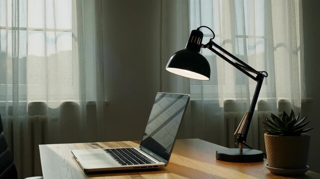 Modern home office setup with laptop, desk lamp, and plant on a wooden desk. Perfect for remote work or study.
