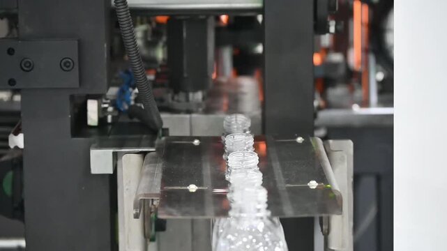 The  empty drinking water bottles  on the conveyor belt from blow mold machine.