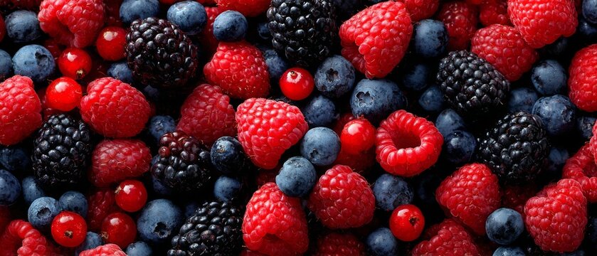 Mixed fresh berries closeup with vibrant colors and rich natural textures