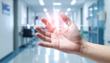 Hand extended with holographic ECG display above palm, in bright hospital corridor, symbolizing digital healthcare and innovation.
