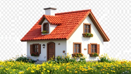 Whimsical cottage with red-tiled roof, white walls, flower-filled garden, sunflowers, fairy-tale charm.