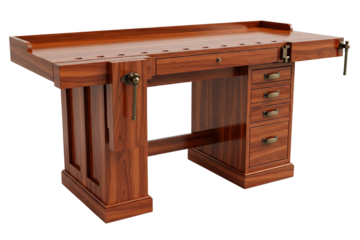 Wooden carpenter workbench with storage drawers and metal vise on a transparent background