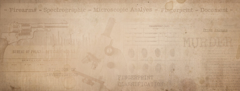 Newspaper clippings of crime news, police fingerprint are placed on a vintage background. Retro background on the theme of crime, police, detective, investigation.