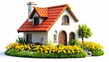Whimsical cottage with red-tiled roof, white walls, flower-filled garden, sunflowers, fairy-tale charm.