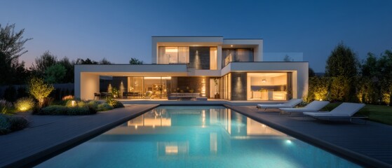 Modern luxury house with swimming pool at dusk
