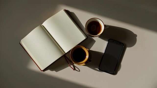 Overhead view of a minimalist desk with an open notebook, two coffee cups, and a smartphone. Perfect for productivity.