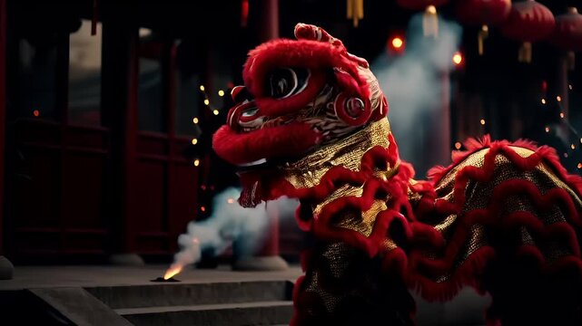 Chinese lunar new year holiday celebration. Spring festival tradition. Chunjie. Asia. A vivid portrayal of a traditional Chinese lion dance, with a rich red and gold color palette.