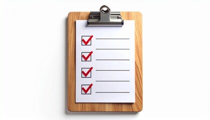 Wooden clipboard with checklist on paper, two tasks checked in red, one left incomplete, minimal setup.