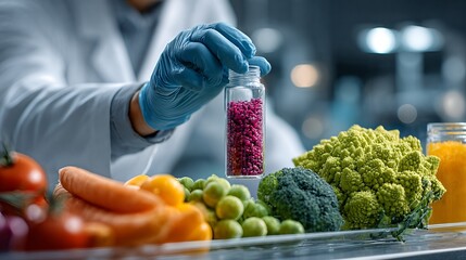 Biotechnology breakthroughs creating functional food with genetically modified seeds in a laboratory setting with a scientist holding a vial of red seeds with science with fruits