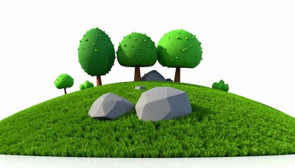 Row of five trees on rolling green hills, varied foliage colors, bright white background, serene and symmetrical landscape.