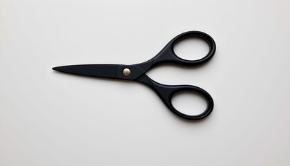 A pair of black scissors with gold pins is prominently displayed on a plain background.