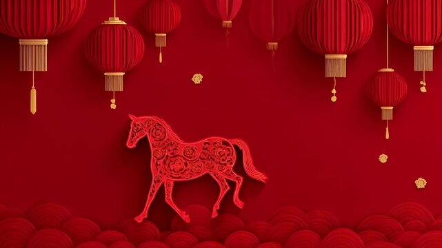 Chinese lunar new year holiday celebration. Spring festival tradition. Chunjie. Asia. red papercut art of a horse, with intricate patterns.