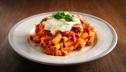 a serving of baked ziti layered with ricotta mozzarella and marinara sauce