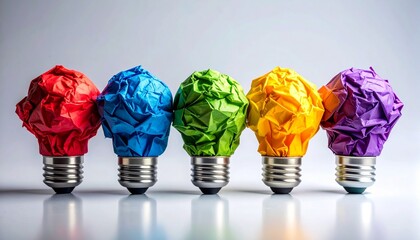 Creative concept of ideas shown as colorful crumpled paper shaped like light bulbs on bases, against a light gray background.