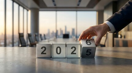 Transition from 2025 to 2026 with metallic cubes on office desk,hand flipping number blocks in boardroom,concept of new year,business planning,future goals and resolutions