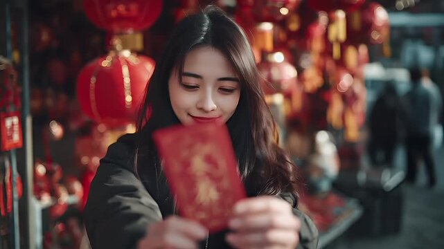 Chinese lunar new year holiday celebration. Spring festival tradition. Chunjie. Asia. A young woman holding a red packet in front of a backdrop of red lanterns.