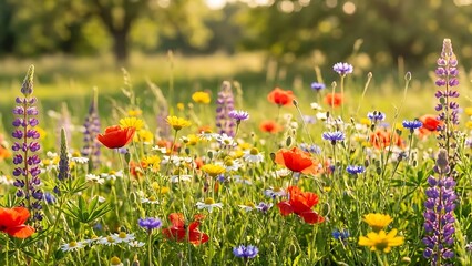 Colorful wildflowers in a lush green meadow with trees in the background colorful flowers poppies