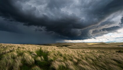 dark storm clouds over open grassland landscape with windy conditions