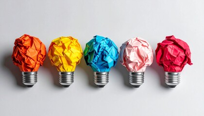 Creative concept of ideas shown as colorful crumpled paper shaped like light bulbs on bases, against a light gray background.