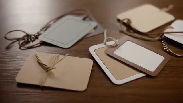 Various blank customizable tags and labels on a wooden table, ready for personalization. Ideal for gifts, luggage, or product branding.