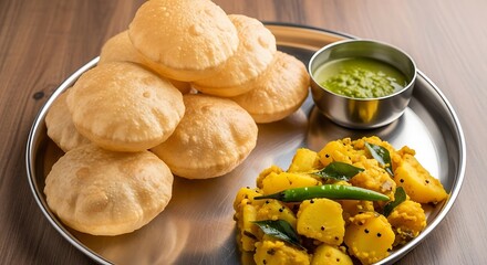 Indian Food Platter with Puri and Potato Sabzi.