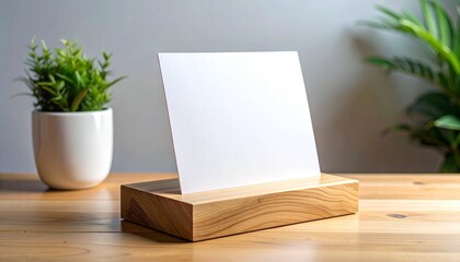 Minimalist desk scene with blank white card in wooden holder, potted plant in background, natural light, clean composition, ideal for signage or decor.
