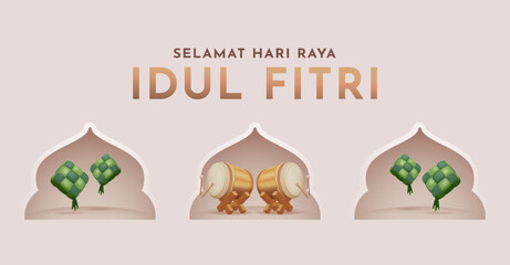 Idul Fitri Greeting Banner with Ketupat, Bedug,  and Traditional Islamic Decorative Frames Vector Illustration . Idul Fitri Translation : Eid al Fitr © Darwin Vectorian
