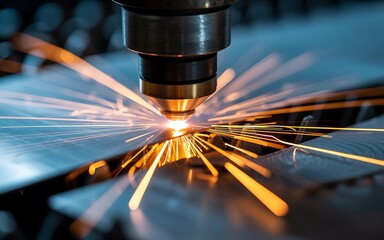 Precision metal cutting with a laser sparks fly during fabrication process